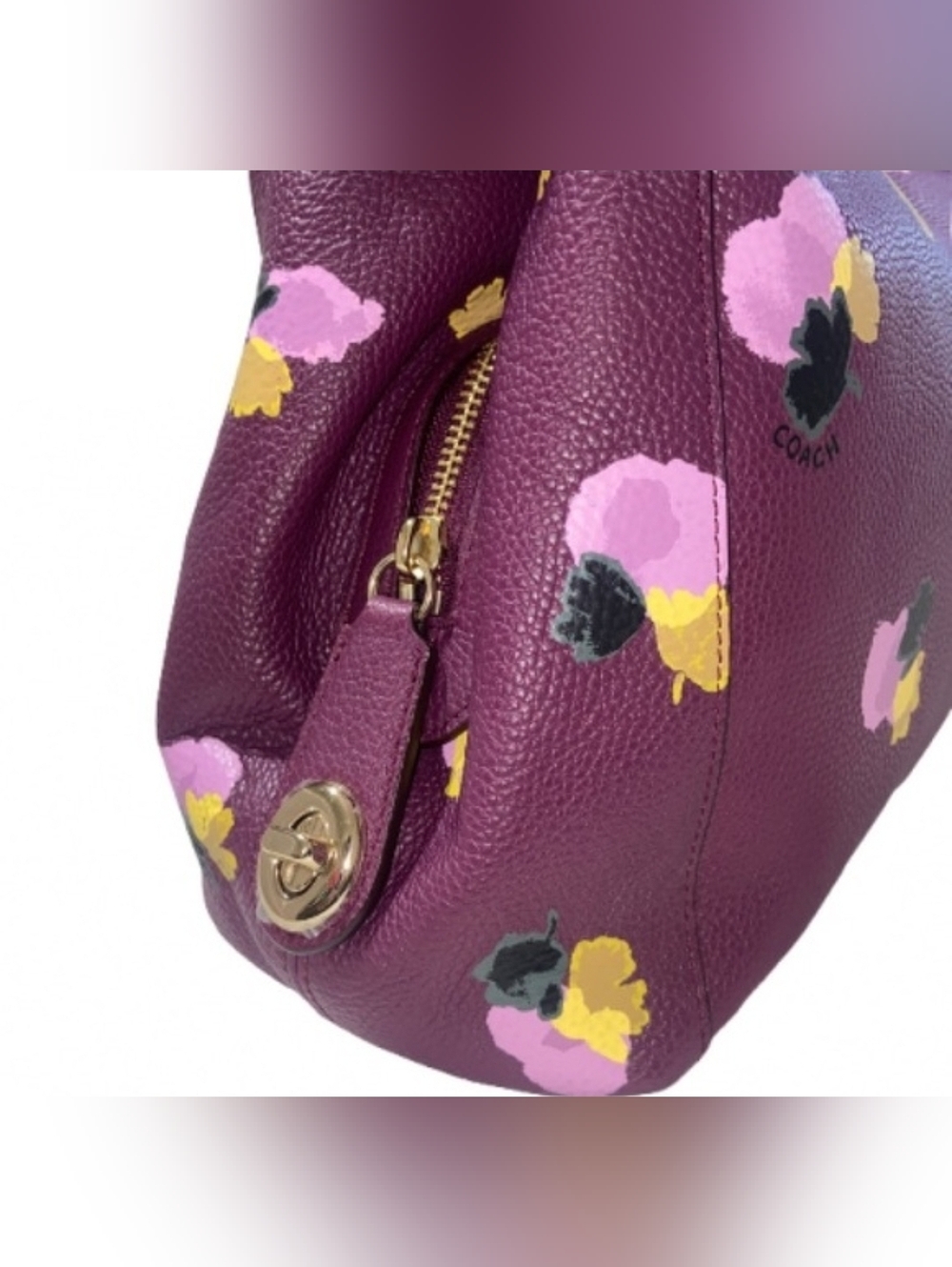 Coach Edie Shoulder Bag Floral Pebbled Leather Purple Multi - Picture 3 of 9